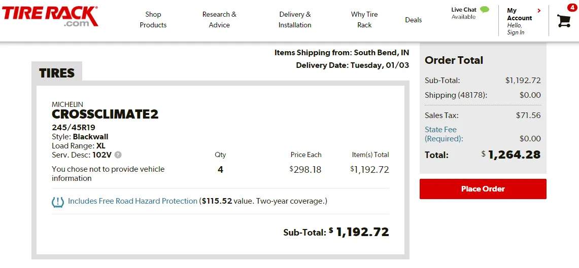 tire rack receipt for the purchase of michelin crossclimate2 tires