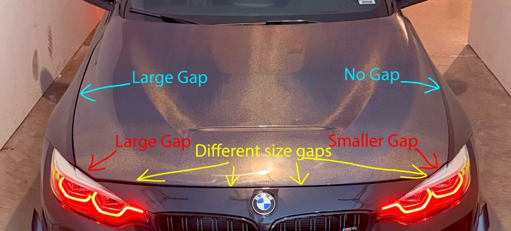 bmw carbon fiber hood installation issue showing different size gaps around the hood