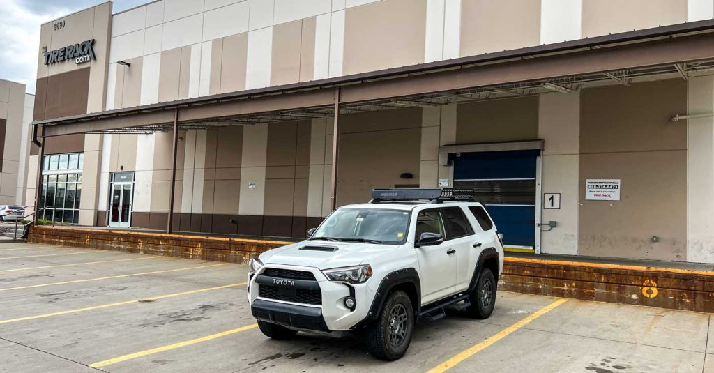 toyota 4runner picking up falken wildpeak at4w tires from tirerack.com warehouse in Denver